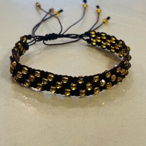 Triple Row Gold Crystal Beaded Cuff - Artisan Handmade Macramé Jewelry